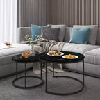 HOMLUX Set of 2 Nesting Coffee Table Round End Table Marble Side Table,Black/White/Brown